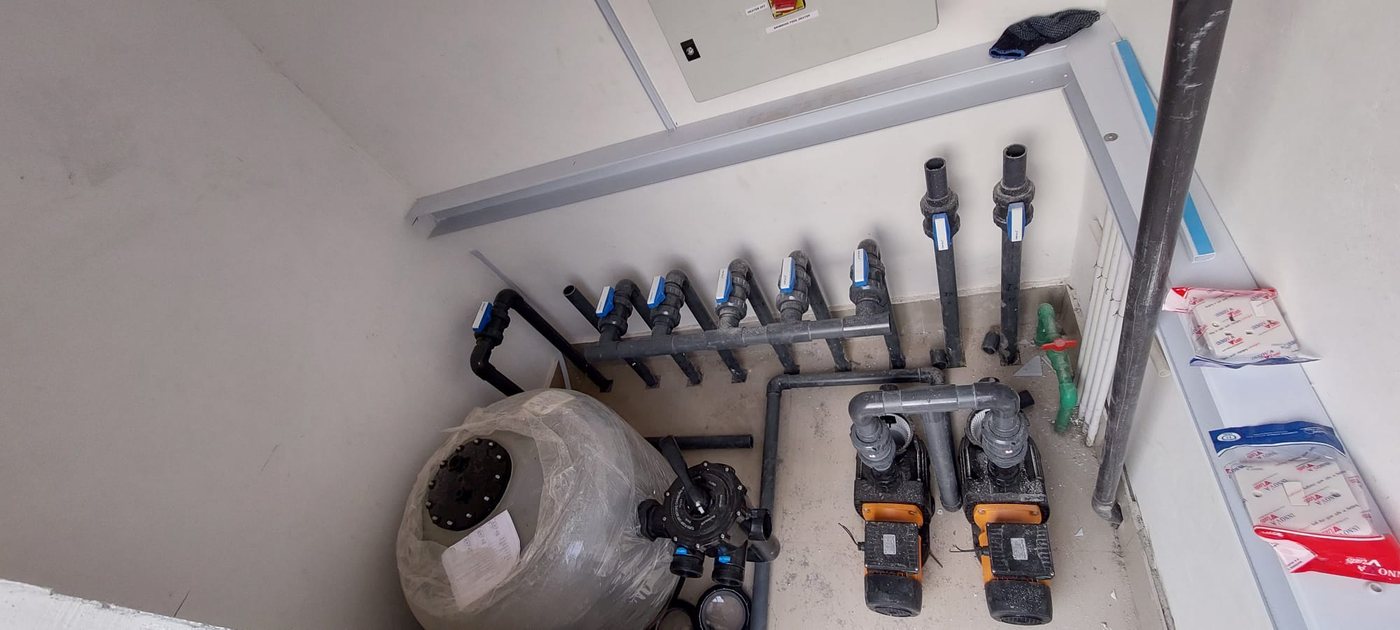 Pool pump room equipment installed by Q Pool Doha